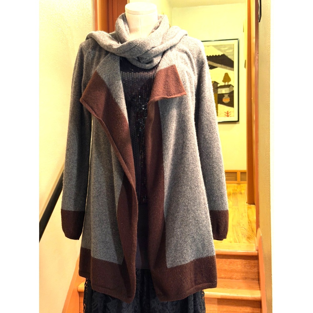 Lauren Ralph Lauren Wool Cashmere Cardigan Attached Scarf Petite P/M Gray Brown